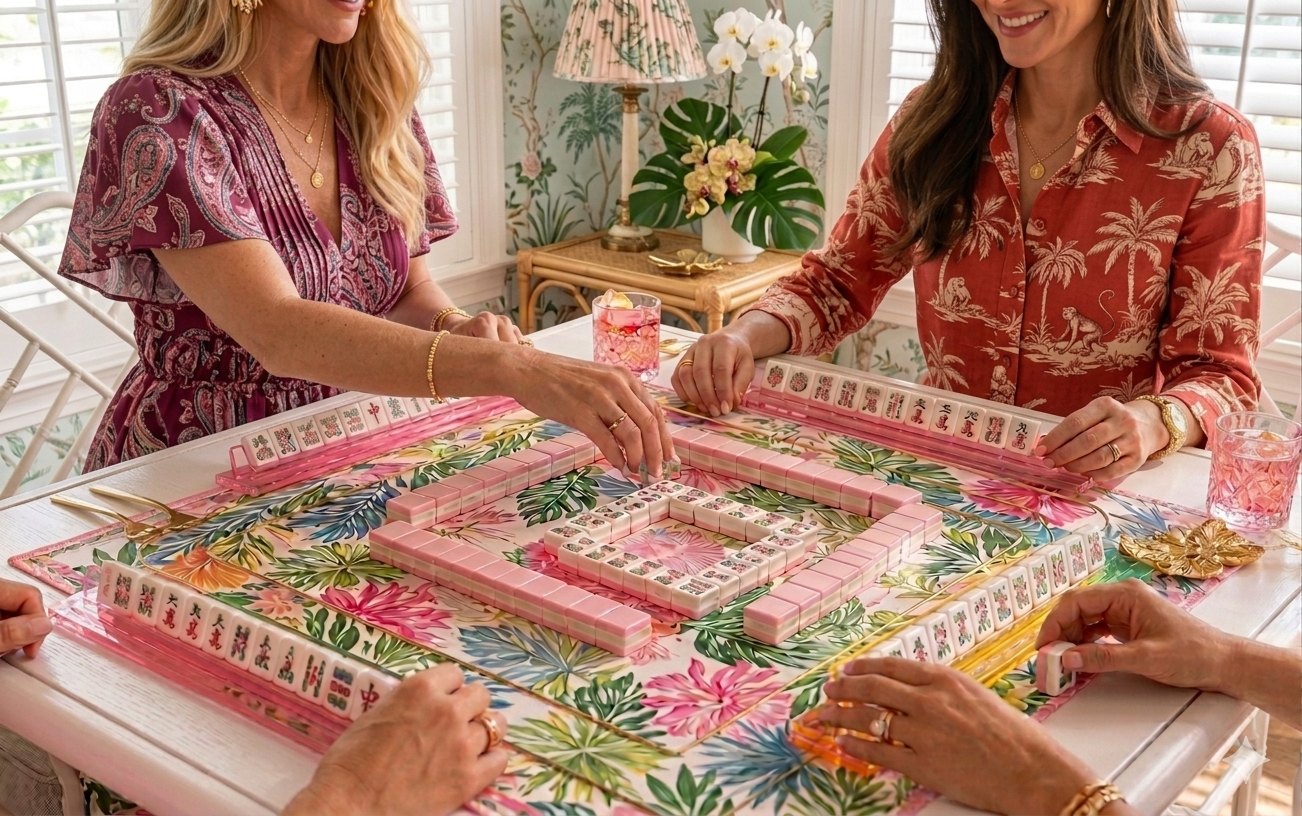 Friends gathered around a floral mahjong table with cocktails